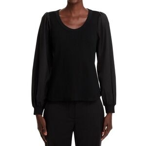 Single Thread Womens Black Mixed Media Puff Sleeve Ribbed Knit Top M‎